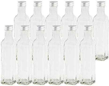 12 leere Glasflaschen Flaschen Maraska 100ml mit Schraub-Deckel Silber, Eckig, zum selbst Abfüllen Likörflasche Schnapsflasche