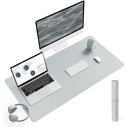 YSAGi Schreibtischunterlage, Mauspad mit Leder und Rutchfeste Wildleder, Multifunktionales Office Mousepad Laptop Schreibunterlage, Tischschutz Unterlage für Büro/Home-Office (Silbergrau, 90x43cm)