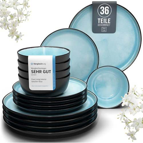 Steingut Geschirrset 12 Personen Ibiza 36 tlg. TESTSIEGER, Hochwertiges Mediterranes Steingut Geschirr Set, Schüssel- und Teller Set, Tafelservice 12 Personen, Geschirrsets Pure Living in Aquamarin