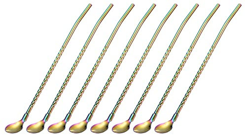 sourcing map Stainless Steel Spoon Straws, 12Pcs 8.6 Reusable Metal Long Handle Drinking Straws Spoon for Milkshake Drinks Cocktail, Colorful