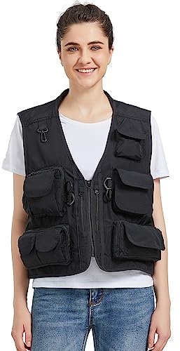 Ziker Damen Mesh Atmungsaktive durchbrochene Reisende Fotograf Angeln Weste Weste Reisejacke Mantel Mit Taschen, Schwarz, L