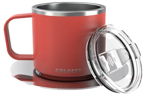 Stackable Insulated Espresso Cup with Saucer by Coldest - Insulated Triple Wall Travel Stainless Steel Travel Double Shot Espresso Coffee Mug with Sliding Lid (4 oz, Crimson Red)