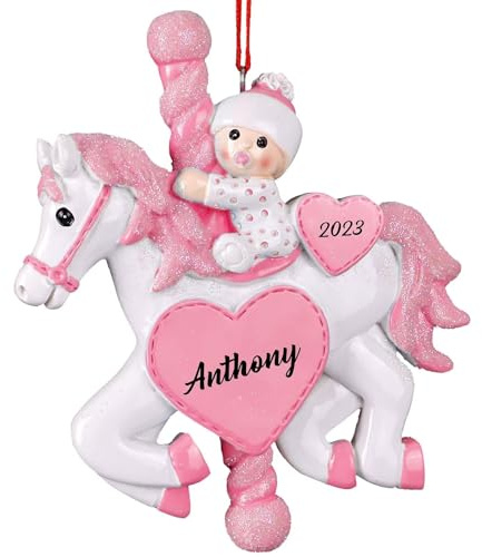 Bemaystar Baby's First Christmas Ornament 2023 - Personalised Baby's First Christmas Bauble, Baby's 1st Pink Carousel Horse Ornament, Personalized Baby Gifts for Newborn Girl, Custom Name