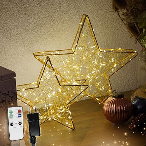 Strombetriebener LED Weihnachtsstern Gold mit Fernbedienung & Timer - dimmbar - Dekostern beleuchtet mit warmweißen LEDs für Innen und Außen Weihnachtsdeko Fensterdeko (80 LEDs - B25xH24xT5)