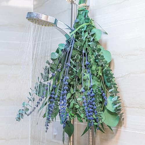 PAMDECOR Eukalyptus für die Dusche, 43,2 cm, natürliche, frische hängende Eukalyptus- und Lavendelstiele, echte Eukalyptusblätter, Duschdekoration, Heimdekoration, aromatische Lavendel-Duschpflanze (1