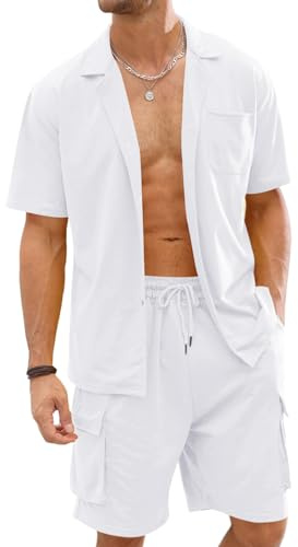 Fastkoala Homme Ensemble Sets Ete Tenues Survêtement Costumes Plage Vacances Bouton Lapel Chemises et Shorts 2 Pcs Blanc M