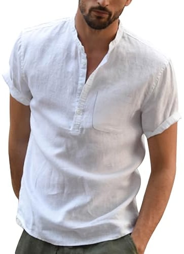 DUOLUVA Chemise Lin Homme Henley Shirt Men's Manches Courtes Boutons Casual Plage Blanc L