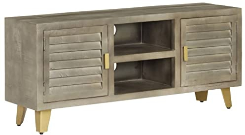 AJSEOYBS Meuble TV brillant gris avec laiton - 110 x 30 x 48 cm - Bois de manguier massif - Convient pour le bureau, le salon, la chambre à coucher et les salles de réception
