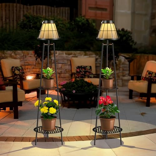 VISFLAIR 2 Pack 45.5'' Outdoor Floor Lamps with 2 Tier Plant Stand, Solar Powered Metal Waterproof Lights for Patio Deck Yard Garden Porch Decor