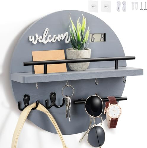DAAIXC Key Holder for Wall Decorative, Key Hooks Wall Mounted with Shelf and Wooden key holder Round key hooks for Entryway Mudroom Hallway Kitchen Office (Grey)