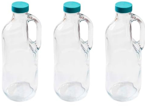Acan Tradineur Lot de 3 bouteilles en verre avec anse et couvercle en plastique 1,4 l Carafe en verre 30 x 9 cm pour eau chaude/froide, thé glacé, boissons, réfrigérateur, réfrigérateur