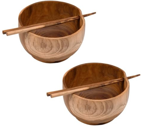 Meubletmoi Lot de 2 Bols à Nouilles et soupes avec Baguettes Chinoises en Bois de Teck – Fabrication Artisanale – Ivy