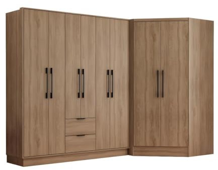 Vente-unique-Eckkleiderschrank mit 8 Türen & 2 Schubladen - 263 cm - Holzfarben - FEOVA