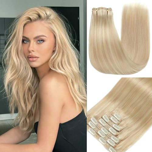 GUDOZO Clip in Extensions Human Hair 7pcs 50cm 120g Invisible Clip Extensions Human Hair Extensions Human Hair Clip Extensions Skin Weft Hair Extension(20Inch,P18K/613#)