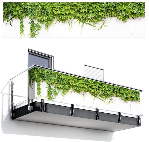 MuchoWow© Balkon Sichtschutz Einseitig 120x500 cm Groß Terrassen Gartenzaun Balkonfächer ohne Bohren Wetterfest für Zaun Terrasse Balkonbespannung Seitenschutz Pflanzen - Weiß - Steinoptik - Grün