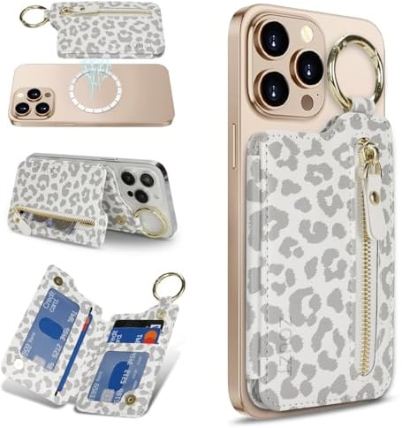 Zouzt für MagSafe Wallet, Magnetischer Handy Kartenhalter, Weisser Leopard | Reißverschluss, Zipper Wallet mit verstellbarem Ständer, Ring Schlüsselanhänger for iPhone 16 Pro Max/16e/16/15/14/13/12