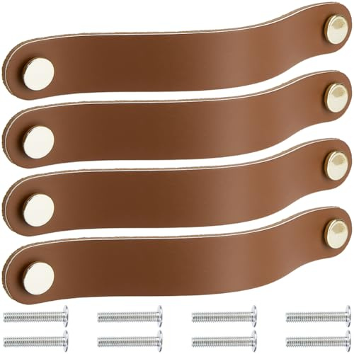 GORGECRAFT 4 Lot de 20.2cm de Poignées D'Armoire en Cuir Véritable Faites à la Main en Cuir Souple Poignées Décoratives pour Commode Tiroirs Armoires de Cuisine Boutons de Porte avec Vis (Marron)
