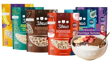 3Bears Porridge Lover-Set inkl. Schale in Sand I 6x400g Porridges: Feiner Kakao, Zimtiger Apfel, Mohnige Banane, Fruchtige Kokosnuss, Dreierlei Beere & Kerniger Klassiker | Rein natürliche Süße