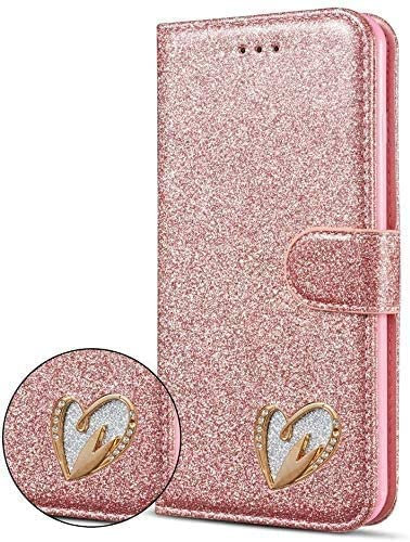 DN-Technology iPhone 16 Pro Case (6.3 inch) Phone Case Heart Diamond Designer Leather Wallet For Women Phone Cover For iPhone 16 Pro (ROSE GOLD)