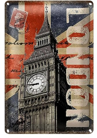 Vintage Blechschild | London Big Ben | Union Jack Design | Retro Dekoration | 30 cm x 40 cm