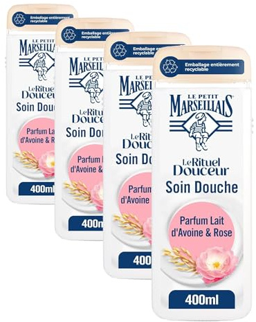 Le Petit Marseillais - Soin Douche Surgras Parfum Lait d’Avoine & Rose - Le Rituel Douceur (flacon de 400ml) - Crème de Douche nutrition intense (Lot de 4)