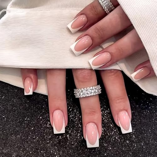 French Künstliche Nails Zum Aufkleben - 24 Stück Nude Pink Square press on nails, Full Cover Natürlich Glänzend Fingernägel, mit Nagelagelkleber - Geeignet für DIY Nageldesign Frauen ＆ Mädchen