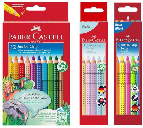 Faber-Castell 110912 Jumbo Grip Buntstifte für Kinder, Malstifte mit Grip und dreieckigem Schaft, wasserlöslichen Pigmenten, leicht auswaschbar und bruchsicher (12er Set + Neon + Pastell)