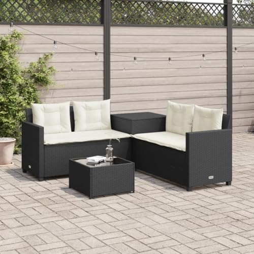 Runheo Gartensofa L-Form Schwarz Poly Rattan, 4-Sitzer Outdoor Lounge Set mit Stauraum, Glastisch, Cremeweißen Kissen, UV-beständig, 171x171 cm