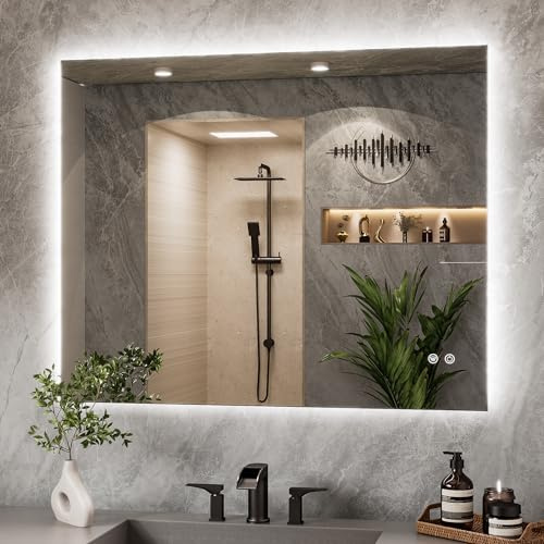 TETOTE Badspiegel mit Beleuchtung 100x80cm, Rechteckiger Badezimmerspiegel, Badezimmer Wandspiegel Ohne Rahmen, Led Badspiegel mit 3 Lichtfarben Dimmbarer,Antibeschlag, Speicherfunktion, IP44