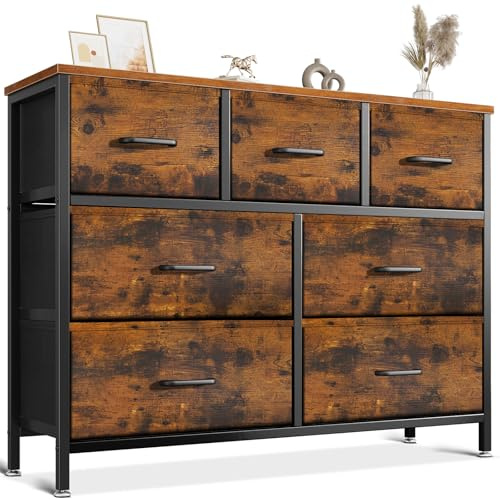 Coleshome Chest of Drawers Bedroom with 7 Drawers, Fabric Drawers, Vintage | Clothes Organiser Dresser, Wide Cabinet with Metal Frame, Wooden Top, for Apartment & Hallway, 100x30x77cm