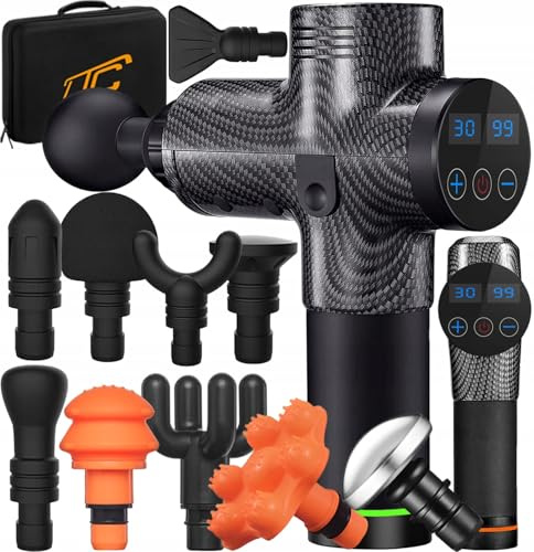 LTC Professionelle Massagepistole mit 10 Aufsätzen - 30 Geschwindigkeitsstufen - Massagegerät für Nacken, Rücken, Schultern & Muskeln - LCD-Display - Kabellos & Leise - Massage Gun - Koffer - Schwarz