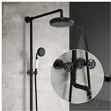AYCDL Duschsystem im Industriestil mit Kalt- und Warmwasser, Wandmontage, Duscharmatur-Set, Doppelgriffe, Multifunktions-Dusch-Kombi-Set mit Badewannen-Auslauf, Dusche, H, Schwarz