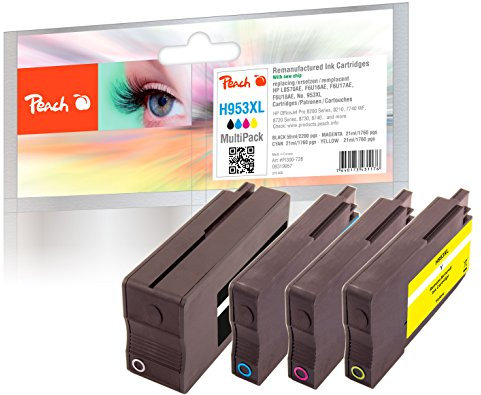 Peach H953/957 Spar Pack Druckerpatronen XL (BK, C, M, Y) ersetzt HP No. 953XL, L0S70AE, F6U16AE, F6U17AE, F6U18AE - kompatibel zur neuesten Drucker Firmware - für z.B. HP OfficeJet Pro 7740 WF