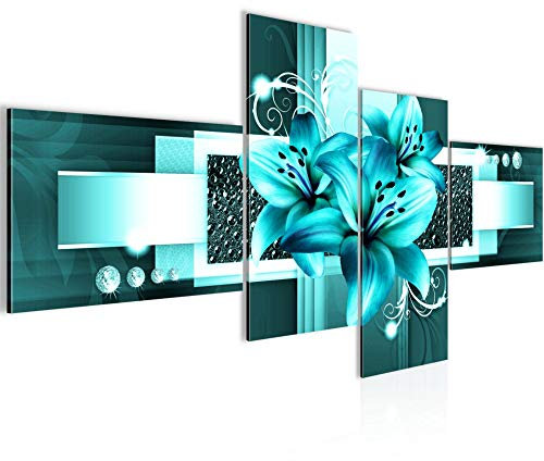 Runa Art Bild Modern Blumen Lilien - Made in Germany - Wandbilder Abstrakt Türkis 4 Teilig 008642a