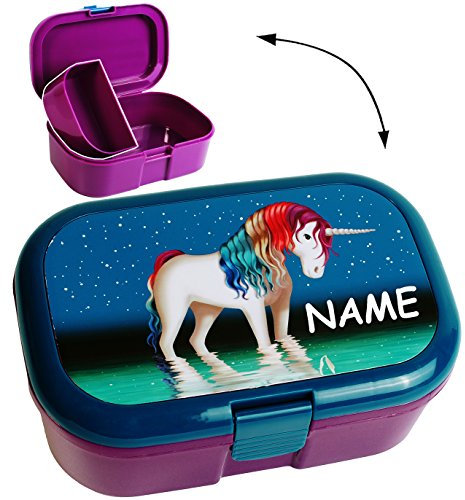 alles-meine.de GmbH Lunchbox/Brotdose - Einhorn - Regenbogen Schweif - incl. Name - mit extra Einsatz/herausnehmbaren Fach - Brotbüchse Küche Essen - für Mädchen & Jungen..
