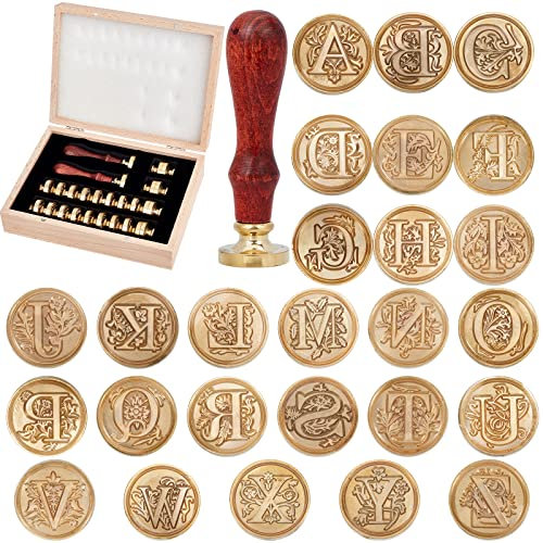 PandaHall Elite Messing Retro Alphabet Initialen Wachsversiegelung Stempel, 26 Buchstaben A-Z Wachs Siegelstempel mit 2 Stück Holzgriff für Post Dekoration DIY Kartenherstellung, Golden