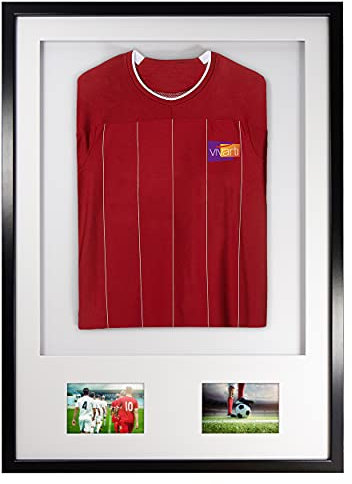 Vivarti DIY Junior 3D Mounted + Double Aperture Sports Shirt Display Frame for Football Shirt, Rugby Shirt, Band T-Shirt Shadow Box - A1 59.4 x 84cm - Black Frame, White Mount, White Backing Card