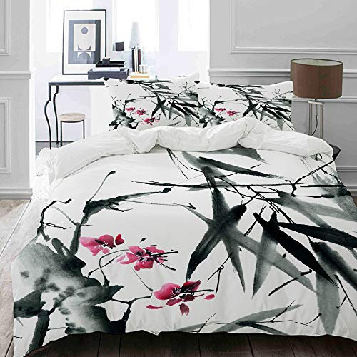 MIGAGA Bettwäsche-Set, Mikrofaser,Natürliche Heilige Bambusstämme Kirschblüte Japanisch inspirierte Folk Print,1 Bettbezug 135 x 200cm+ 2 Kopfkissenbezug 80x80cm