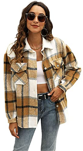 UANEO Chemise à Manches Longues à Carreaux pour Femme - Marron - Taille S