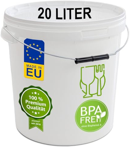 plasteo Kunststoffeimer Behälter Kübel mit Schnappverschlussdeckel und Henkel | Lebensmittelecht | Vorratseimer | Stabil Stapelbar | Fest Verschließbar | Weiss | 1 Stück, 20 Liter