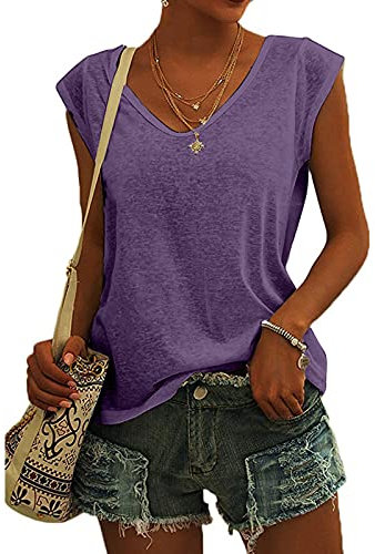 KOG Bluse Damen Elegant Ärmellose T-Shirt Shirt Casual Weiß Oberteile mit Flügelärmeln Frauen Schwarz Kleidung Frau Grau Sommer Shirts Top Damen V-Ausschnitte Tshirt Klamotten Lila XL