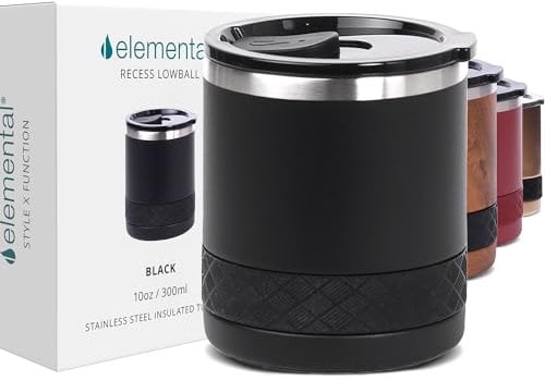 Elemental Lowball Insulated Tumbler - 300 ml Coffee Mug - Stainless Steel Travel Mug - Triple Wall Coffee Cup Travel Mug - Non-Shattered Tritan Lid - Whiskey Glass - Black