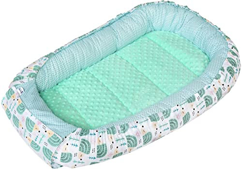 Medi Partners Babynest Kuschelnest Babynestchen 100% Baumwolle Nestchen Reisebett für Babys Säuglinge 100x60x15cm herausnehmbarer Einsatz (Minze Igel mit minzer Minky)