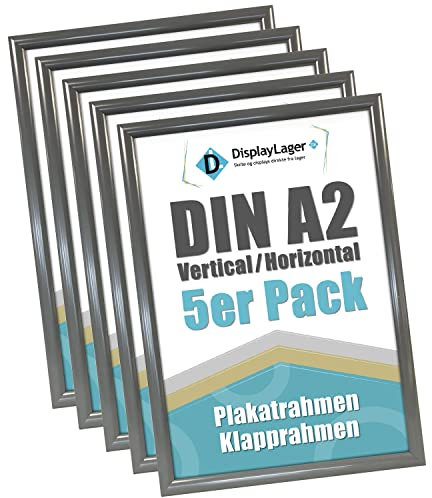 DisplayLager - 5 Cadre à Clipser, A2, Gris Anthrazite, Cadre pour Affiches avec Profil en Aluminium argenté de 25 mm | avec vitre de Protection antireflet et matériel de Fixation | Cadre de Rechange