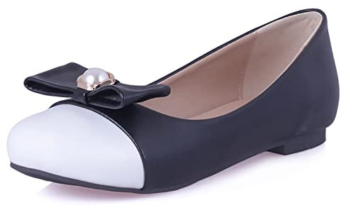 Bviennic Bride Mariage Flats Femmes Bout Rond Ballerina Ballet Dolly Chaussures Bows Décontractée Walking Comfy Femmes École Prom Bureau Loafers Noir Taille 35 EU
