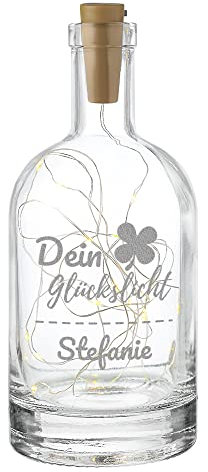 Beleuchtete Dekoflasche mit LED Licht - personalisiert mit Wunschgravur - inkl. LED Lichterkette - Dekoration für Wohnzimmer, Schlafzimmer - Mann und Frau - Motiv Dein Glückslicht