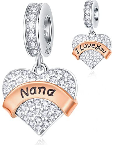 I Love You Nana/Nan Heart Pendant Charms, fits Pandora Mother's Day Bracelet, 925 Sterling Silver Nonna/Nanny Dangle Sparkle CZ Beads with Rose Gold Banner, Gift for Grandmother