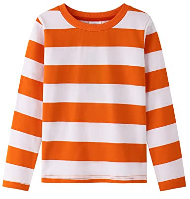 Spring&Gege Boys' Short Sleeve Striped Crew Neck T-Shirt, Orange and White Stripe, 7-8 Years