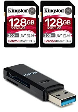 Kingston Canvas React Plus 128GB U3 V90 SDXC UHS-II SD Card (2-Pack) Bundle and 2-in-1 USB 3.0 Memory Card Reader (3 Items)