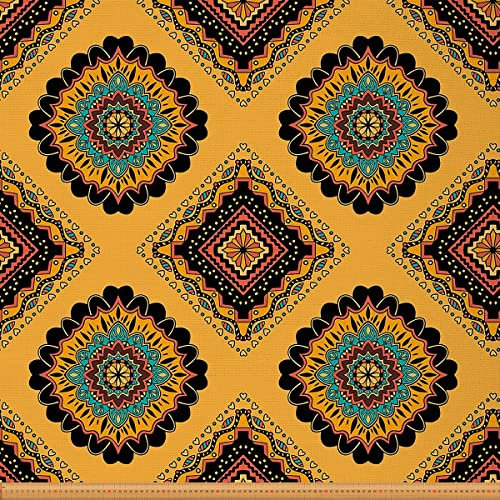 Marokkanischer Stoff Meterware Mandala Ottoman Spalier Polsterstoff Retro Boho Blumen Dekostoff Jahrgang Geometrie Stoff für Drinnen Draußen DIY Kunst Wasserdichter Stoff Orange Blau 92 x 150 (HxB)